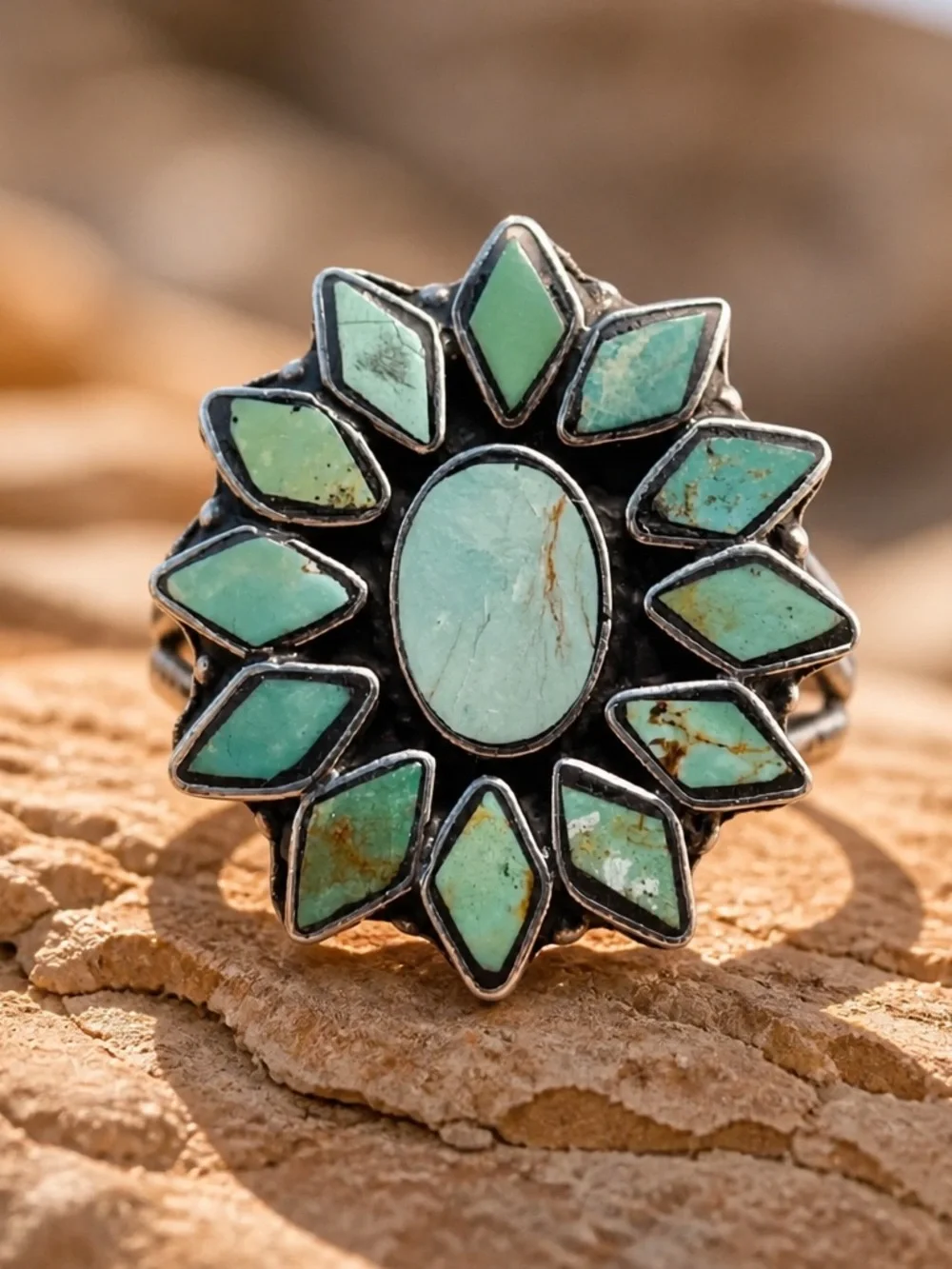 Size 7.5 Turquoise Sunburst statement Sterling Silver Ring